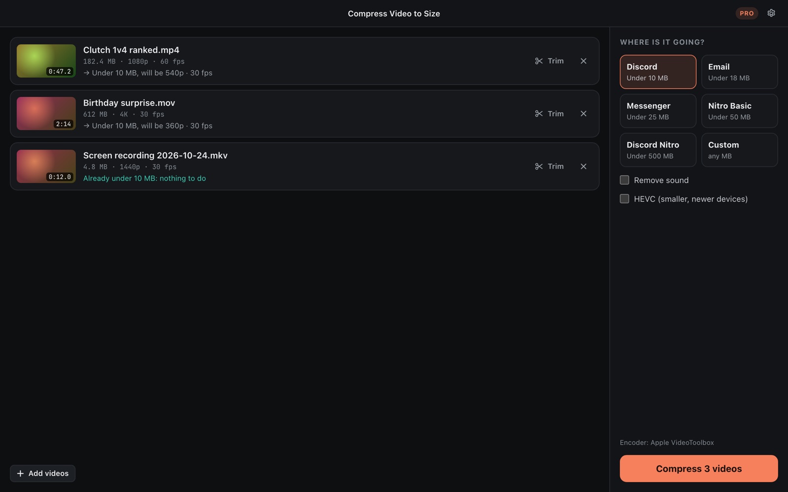 Three videos planned for Discord: each shows the resolution it will get